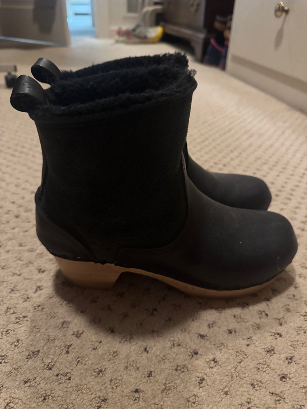 Women’s Black Shearling-Trimmed Leather-Heel Ankle Boots